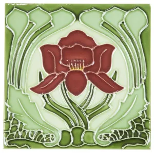 T38 Floral Tile 15.2 x 15.2cm, Burgundy On Green by Schots, a Encaustic Tiles for sale on Style Sourcebook