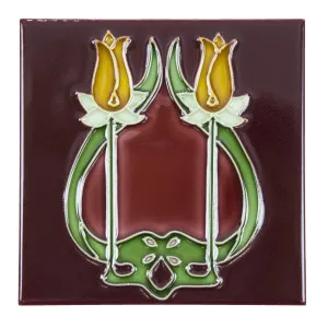 Floral 15.2 x 15.2cm Tile, Glazed Yellow & Burgundy by Schots, a Encaustic Tiles for sale on Style Sourcebook