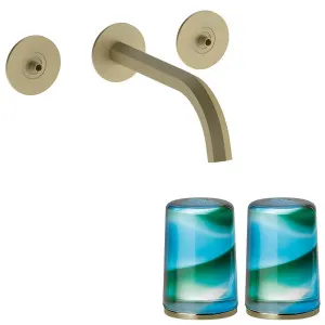 Fantini Venezia by Venini Aquamarine Green Handle Wall Basin Set - Matte British Gold PVD VENWBVENAQMBG by Fantini, a Kitchen Taps & Mixers for sale on Style Sourcebook