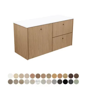 Salisbury 1200 Single Bowl Wall Hung Cabinet, Left Bowl, Satori Vanilla Moulded Basin Top by Fienza, a Vanities for sale on Style Sourcebook