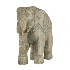 Elephant Wooden Carving with Antique Blue Detailing Bleach Brown by Florabelle Living, a Vases & Jars for sale on Style Sourcebook