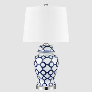 Lucca Small Blue & White Jar Shaped Lamp W/ Shade by OneWorld Collection, a Table & Bedside Lamps for sale on Style Sourcebook