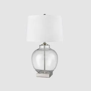 Ellyn Glass and Nickel Lamp with White Linen Shade by OneWorld Collection, a Table & Bedside Lamps for sale on Style Sourcebook