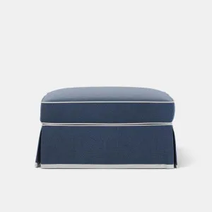 Noosa Hamptons Ottoman Navy W/White Piping by OneWorld Collection, a Ottomans for sale on Style Sourcebook