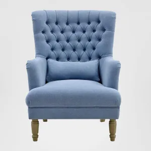 Bayside Slate Blue Hamptons Button Tufted Winged Armchair W/Wooden Legs by OneWorld Collection, a Chairs for sale on Style Sourcebook