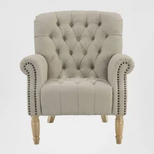 Maurice Natural Linen Blend Buttoned Armchair W/ Studs Oak Legs by OneWorld Collection, a Chairs for sale on Style Sourcebook