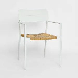 Casper Stackable Dining chair with Arms White & Natural Weave Outdoor by MRD Home, a Dining Chairs for sale on Style Sourcebook