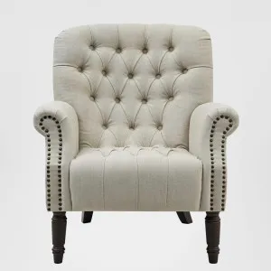 Maurice Natural Linen Blend Hamptons Buttoned Armchair W/Studs Dark Legs by OneWorld Collection, a Chairs for sale on Style Sourcebook