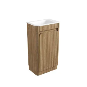 Mini Hartelle Fluted Floor Standing Harvest Oak Cabinet - Sintered Stone Top, Right Tap Hole by Aulic, a Vanities for sale on Style Sourcebook