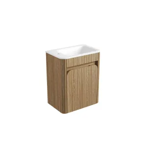 Mini Hartelle Fluted Wall Hung Harvest Oak Cabinet - Sintered Stone Top, Left Tap Hole by Aulic, a Vanities for sale on Style Sourcebook