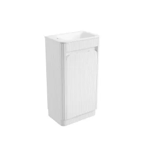 Mini Hartelle Fluted Floor Standing Matte White Cabinet - Sintered Stone Top, Left Tap Hole by Aulic, a Vanities for sale on Style Sourcebook