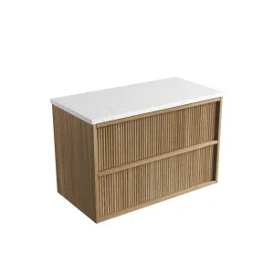 Venetta Fluted Framed Wall Hung 900mm Harvest Oak Cabinet - Flat Stone Top, Snow by Aulic, a Vanities for sale on Style Sourcebook
