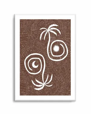Sun Moon And Palm Trees Brown by Shatha Al Dafai by oliveetoriel.com, a Prints for sale on Style Sourcebook