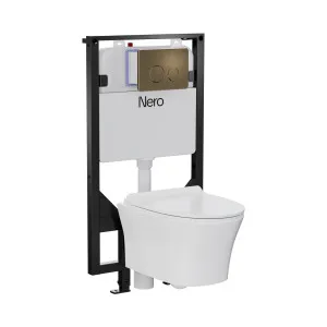 Signature Hygiene Rim Wall Hung Pan With CrystaSleek Seat With R&T In-wall Cistern and Push Plate Tumbled Antique Brass by NERO, a Toilets & Bidets for sale on Style Sourcebook