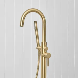 Freestanding Bath Spout + Straight Hand Shower Brushed Brass by Yabby by Yabby, a Bathroom Taps & Mixers for sale on Style Sourcebook