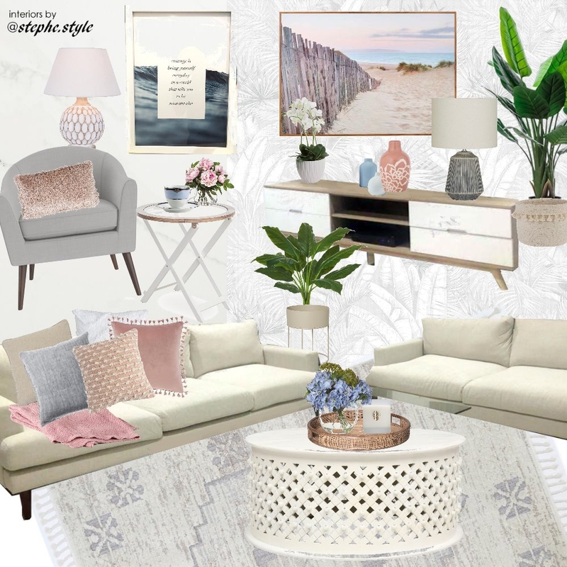 living room blue pink white Interior Design Mood Board by stephc.style