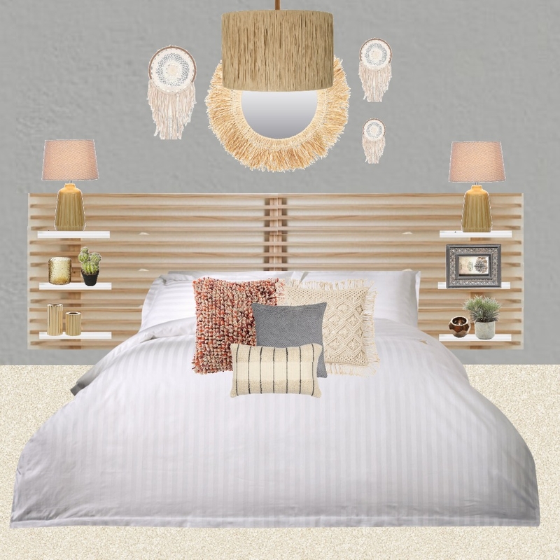 Julie Herbain bed 2 grey wall dream catchers + mirror, ochre lamps and pendant Interior Design Mood Board by Laurenboyes
