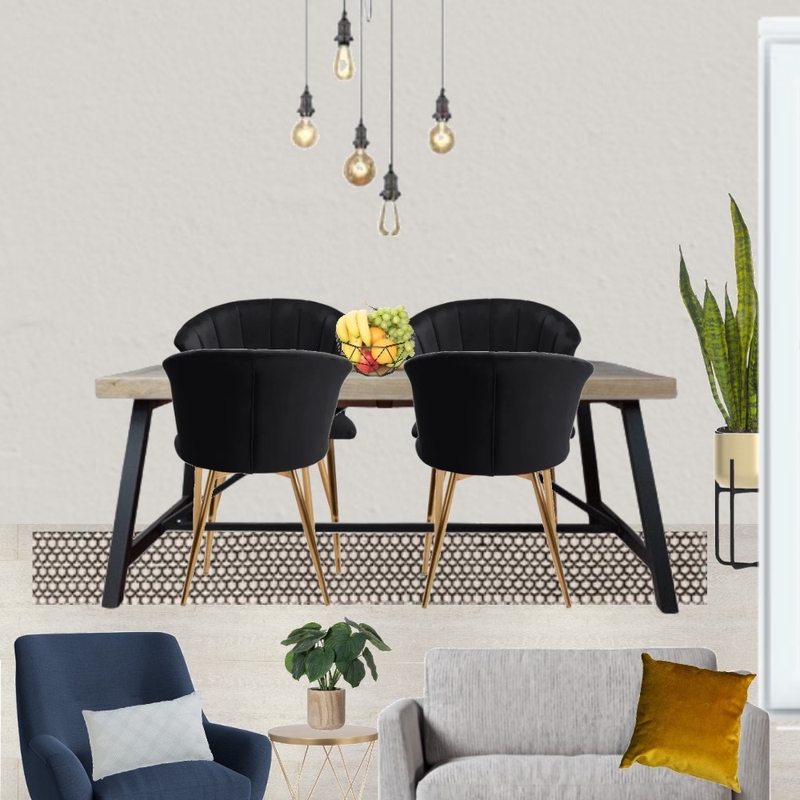 Saira - Dining view with grey paint, grey snuggle and navy armchair + Industrial table and 5 wire pendant, black chairs + black/beige rug Mood Board by Laurenboyes on Style Sourcebook