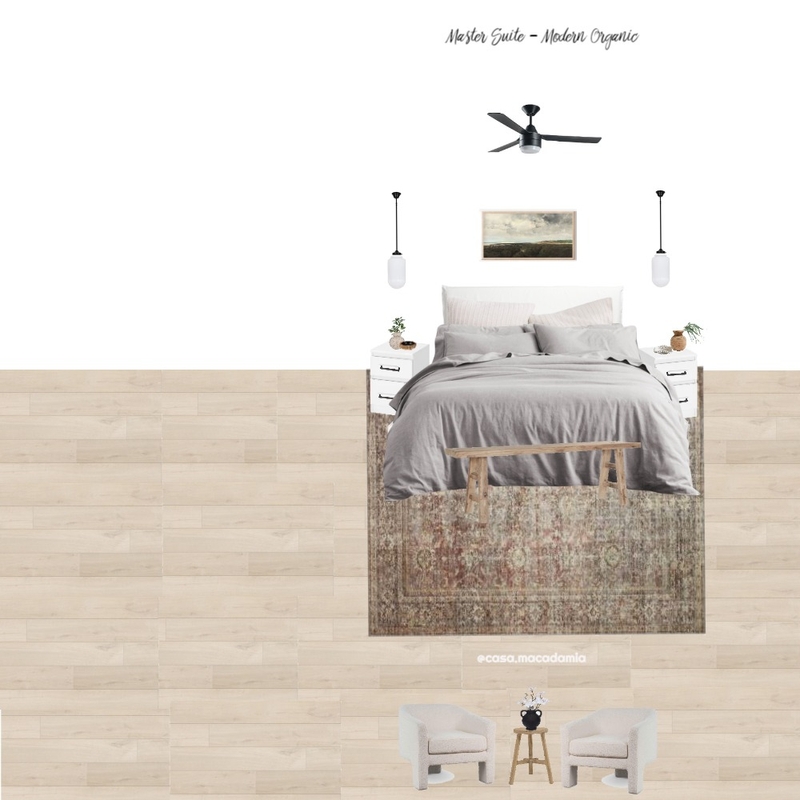 Master Suite - Modern Organic (Dark Rug - Kullen Bedside - Boucle Chair) Mood Board by Casa Macadamia on Style Sourcebook