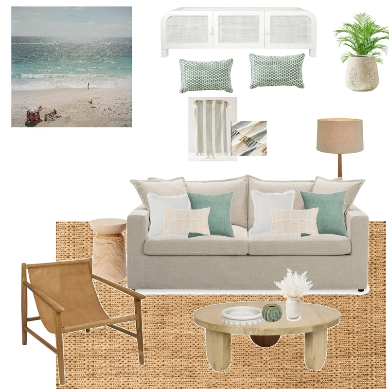 Sand Beige 3 seat Sofa Bed  & Leather armchairs- Andros Island print Mood Board by LaraMcc on Style Sourcebook