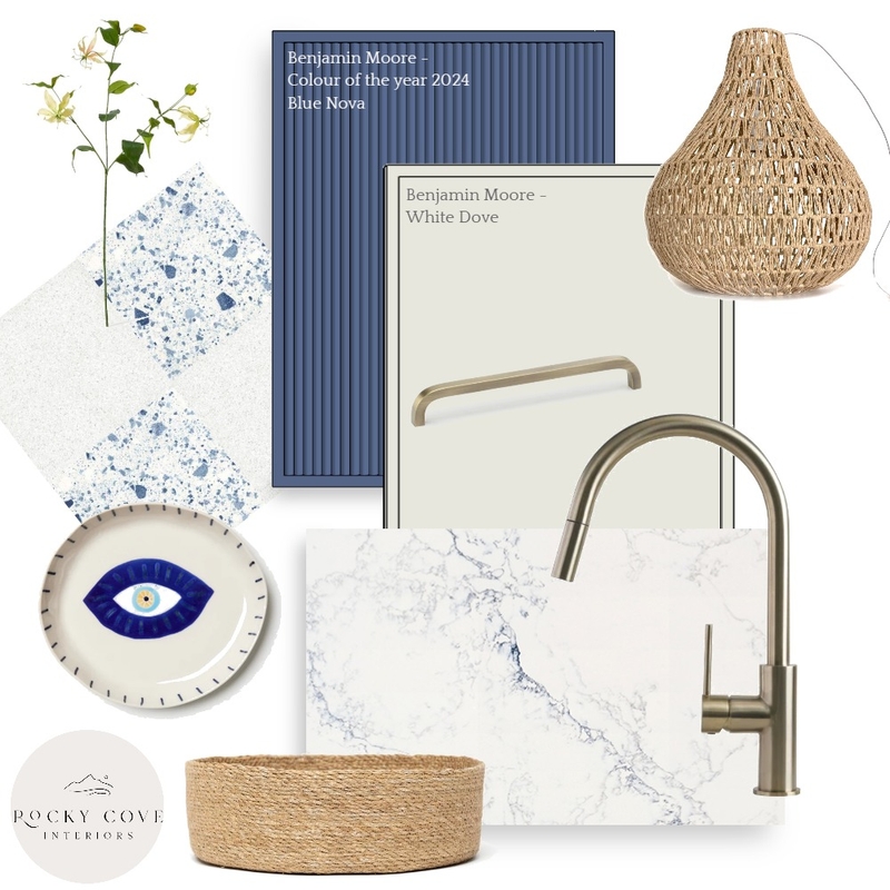 Blue and Taupe Kitchen Flat lay Mood Board by Rocky Cove Interiors on Style Sourcebook