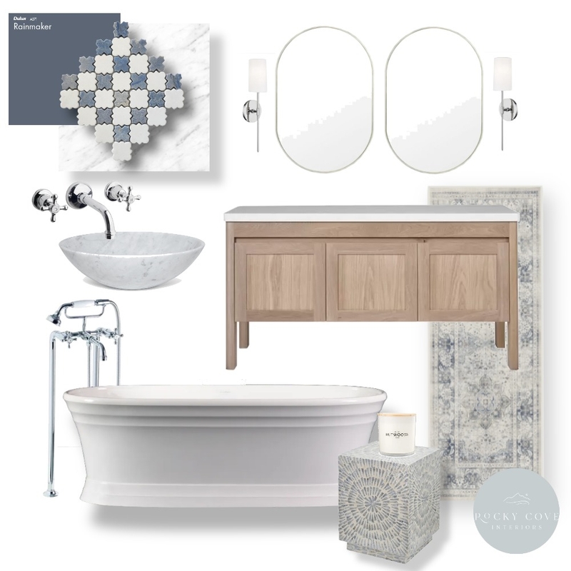 White and blue calming bathroom Mood Board by Rocky Cove Interiors on Style Sourcebook