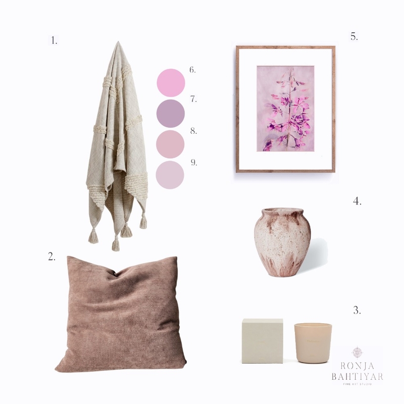 Exploring Elegance: A Moodboard of Fine Ceramics, Natural Textiles and Delicate floral fine art embracing the Warm Tones of Red, Orange, and Violet Mood Board by Ronja Bahtiyar Art on Style Sourcebook
