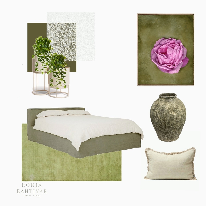 Harmonious Greens and Subtle Pink Florals in Master Bedroom Decor Mood Board by Ronja Bahtiyar Art on Style Sourcebook