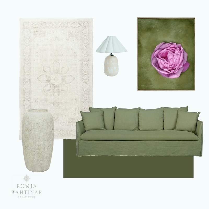 Living room in ivory cream, olive greens with complementary floral art touch in pink Mood Board by Ronja Bahtiyar Art on Style Sourcebook
