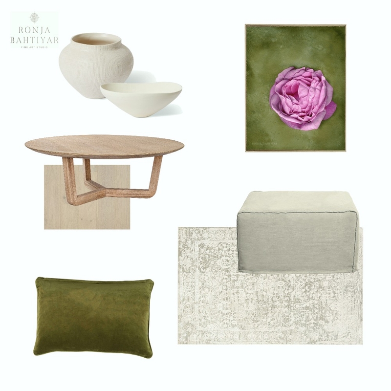 Living room in ivory cream, olive greens with complementary floral art touch in pink Mood Board by Ronja Bahtiyar Art on Style Sourcebook