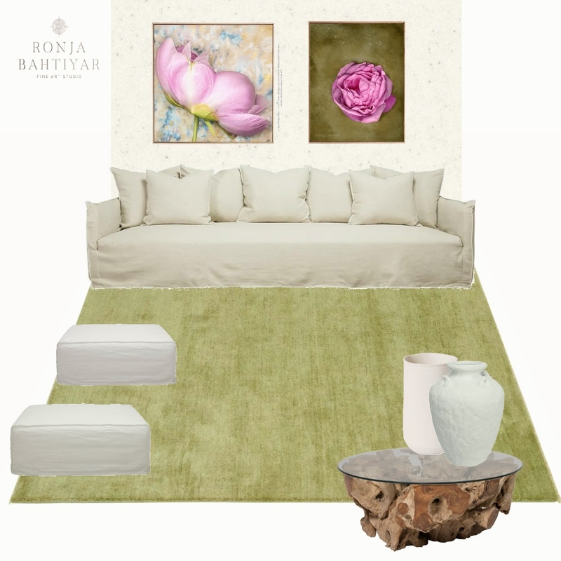 Harmonious Greens, Linen and Floral Art for Living Room Mood Board by Ronja Bahtiyar Art on Style Sourcebook