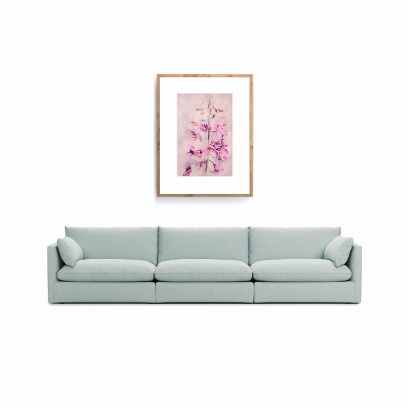 Pink and Violette Fireweed Blooms Floral Art over Light Blue Sofa Mood Board by Ronja Bahtiyar Art on Style Sourcebook