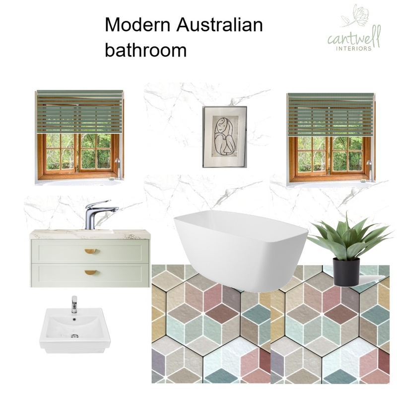 Modern Australian Bathroom -rainbow tiles & green blindss Mood Board by Cantwell Interiors on Style Sourcebook