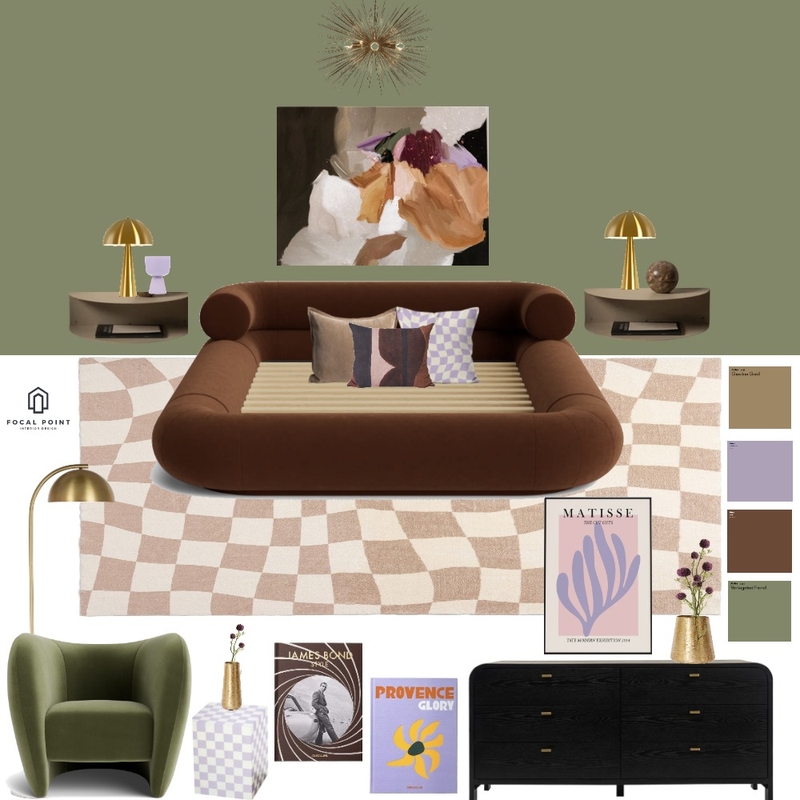 Modern Olive and Lilac Bedroom Mood Board by Focal Point Interior Design on Style Sourcebook