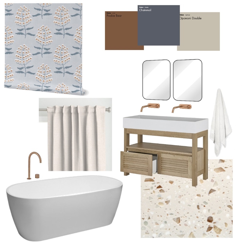 Warm Contemporary Bathroom Floral Wallpaper Mood Board by melissa@buuestudio.com on Style Sourcebook