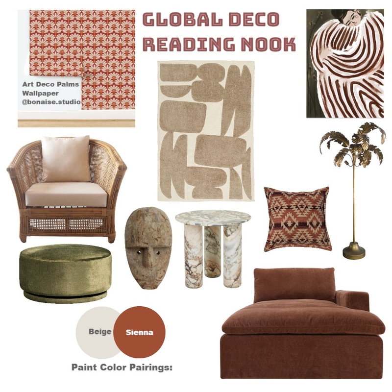 Global Deco Reading Nook Mood Board by Bonaise Surface Designer (Textiles, Wallpaper + More) on Style Sourcebook