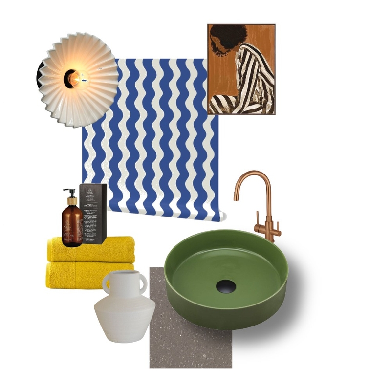 Bathroom with wavy blue wallpaper Mood Board by alexroda on Style Sourcebook