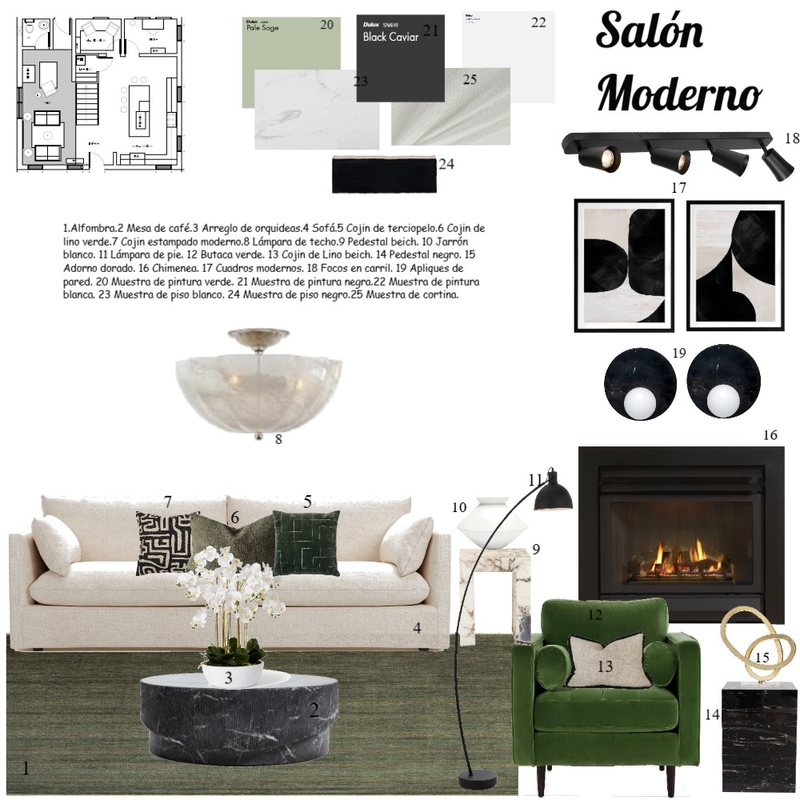 Salón moderno con acabados en verde y negro Mood Board by Elizabet Santos on Style Sourcebook
