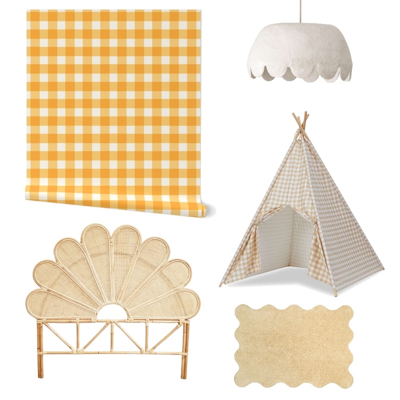 Sunny Yellow Gingham Wallpaper for Kid’s Room Decor Mood Board by ashclarkart on Style Sourcebook