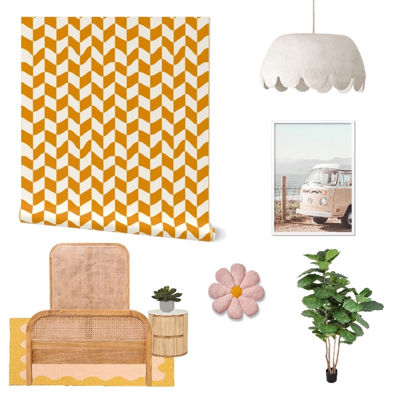 Mod 70s Yellow Wavy Checkerboard Wallpaper for Teen Girl’s Room Mood Board by ashclarkart on Style Sourcebook