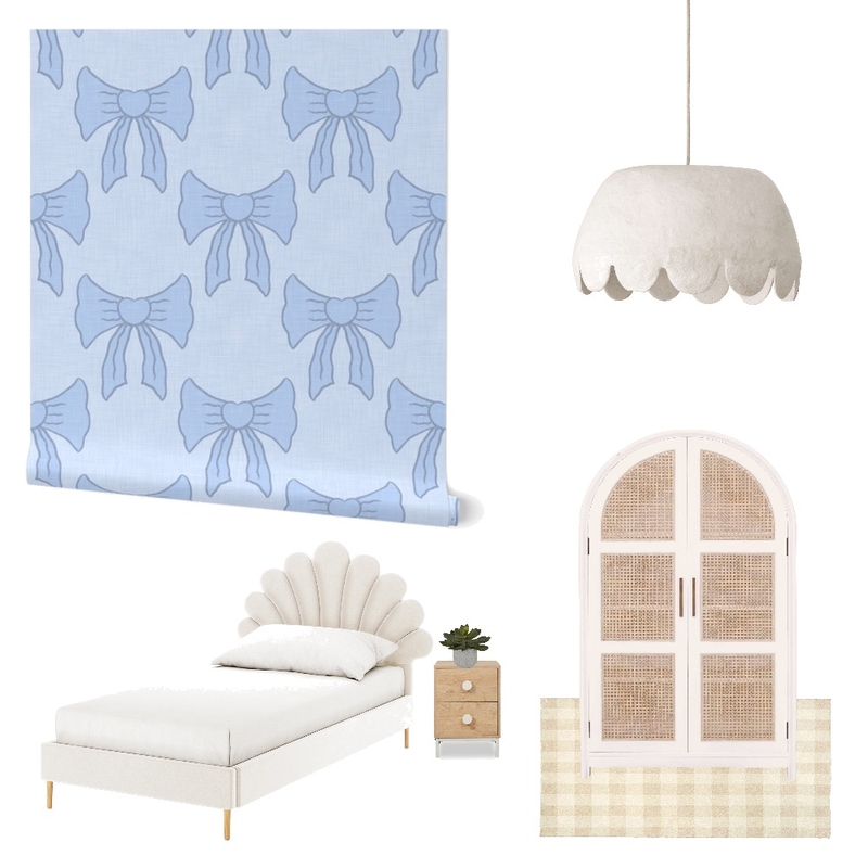 Cottagecore Blue Bows Wallpaper for Teen Girl’s Room Mood Board by ashclarkart on Style Sourcebook