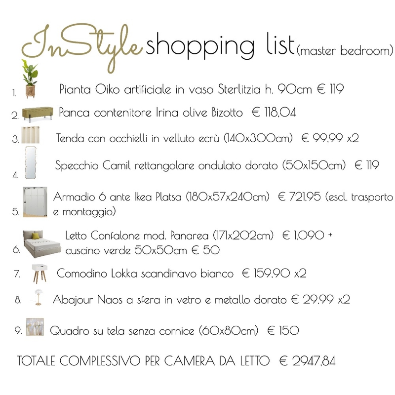 Master bedroom Piave project - shopping list Mood Board by InStyle Idea on Style Sourcebook