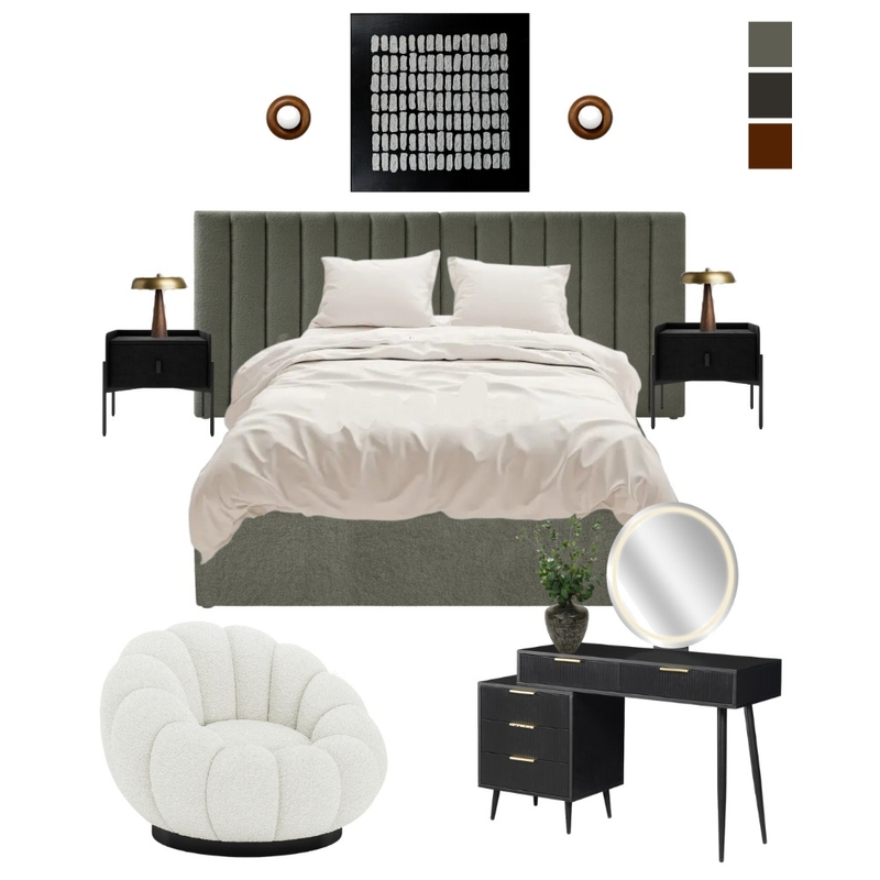A Calm Contemporary Bedroom in Olive, Black, and Warm Brass Interior Design Mood Board by Luxo Living