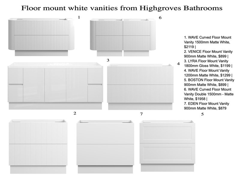 White floor mounted vanities from Highgroves Bathrooms Mood Board by maeve home & style on Style Sourcebook