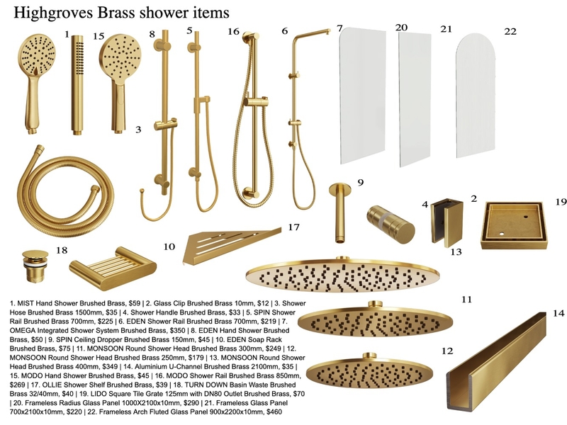 Highgroves Brass Shower Items Interior Design Mood Board by maeve home & style Highgroves Brass Shower Items Interior Design Mood Board by maeve home & style