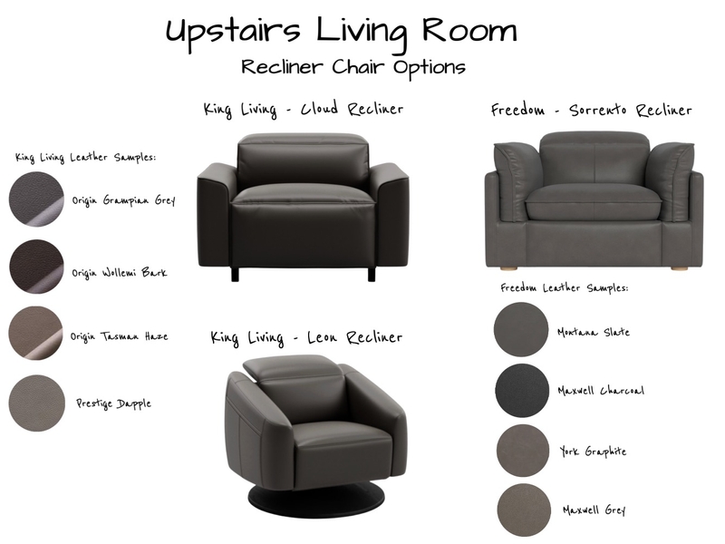 SANCHEZ - Upstairs Parents Living Room Recliner Chairs Options Interior Design Mood Board by Six Castle Designs