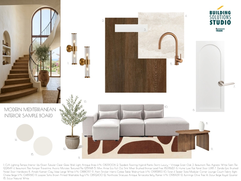 Modern Mediterranean - INTERIOR SAMPLE BOARD Mood Board by bsschwh@bunnings.com.au on Style Sourcebook