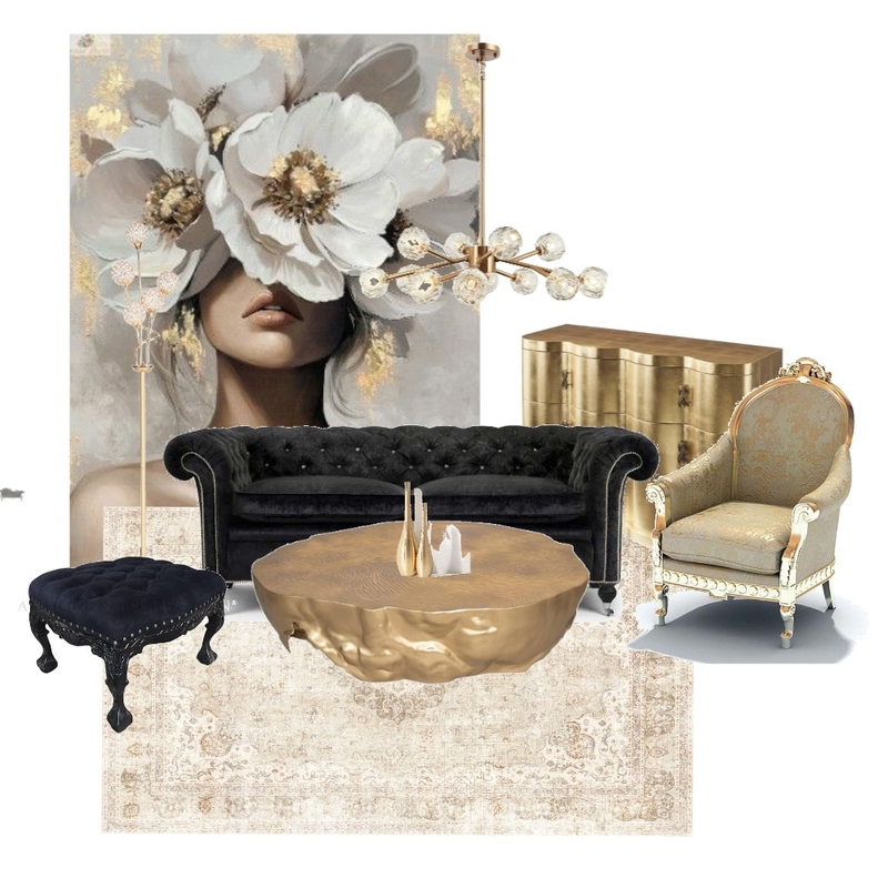 LIVING ROOM VINTAGE GOLD-BLACK WHITE BEIGE Interior Design Mood Board by amna.f