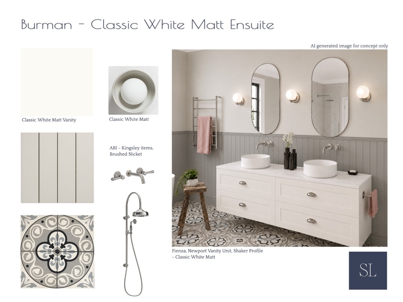 Burman - Classic White Ensuite Interior Design Mood Board by Sharon Lynch Interior Design